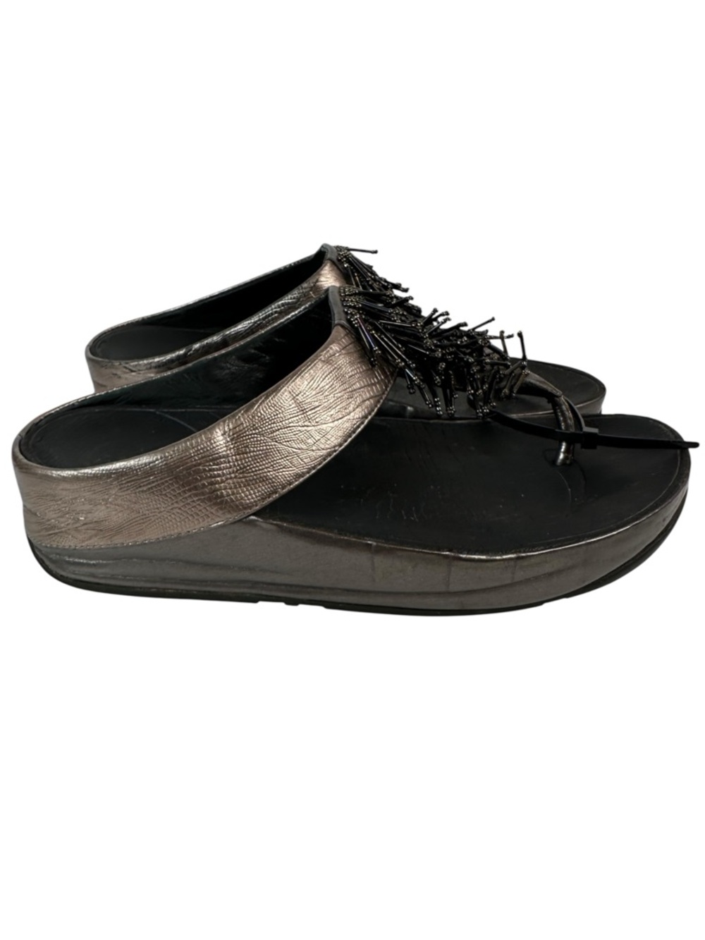 FitFlop Rumba Pewter Black Wedge Sandals Womens 9 Beaded Comfort Thong